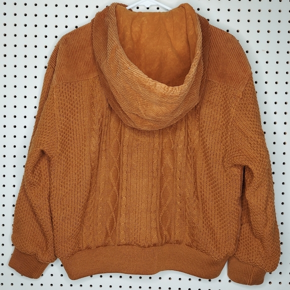 90s Primizia Jacket Corduroy Cable Knit Leather Button Zip Hooded Bomber Rustic - Picture 2 of 9